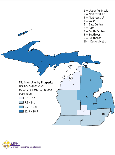 Michigan map of LPNs by prosperity region in 2023